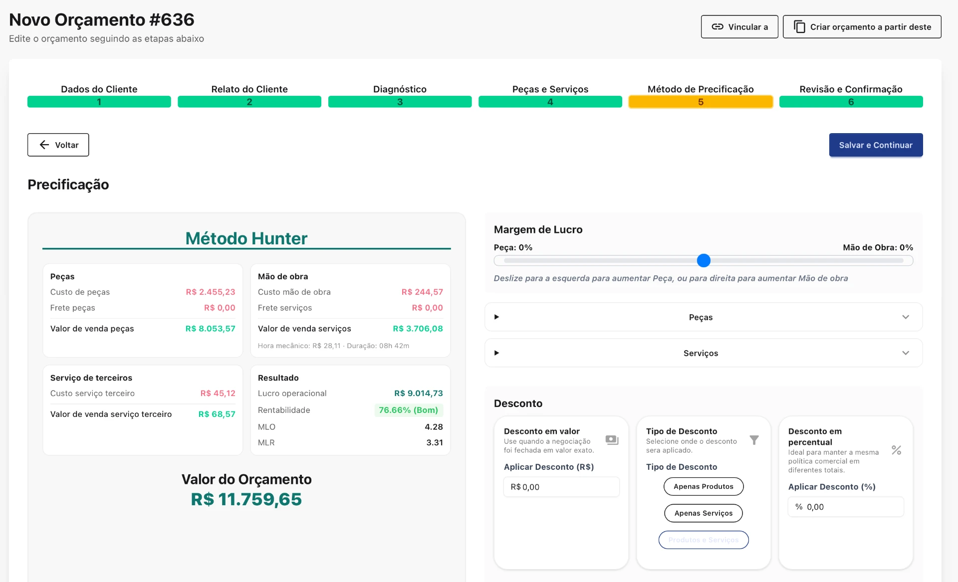 Tela real de precificação do Hunter Auto, com análise de custos e rentabilidade
